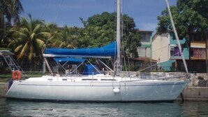 Een witte zeilboot afgemeerd in een jachthaven, met een blauw dak, omringd door palmbomen en gebouwen.