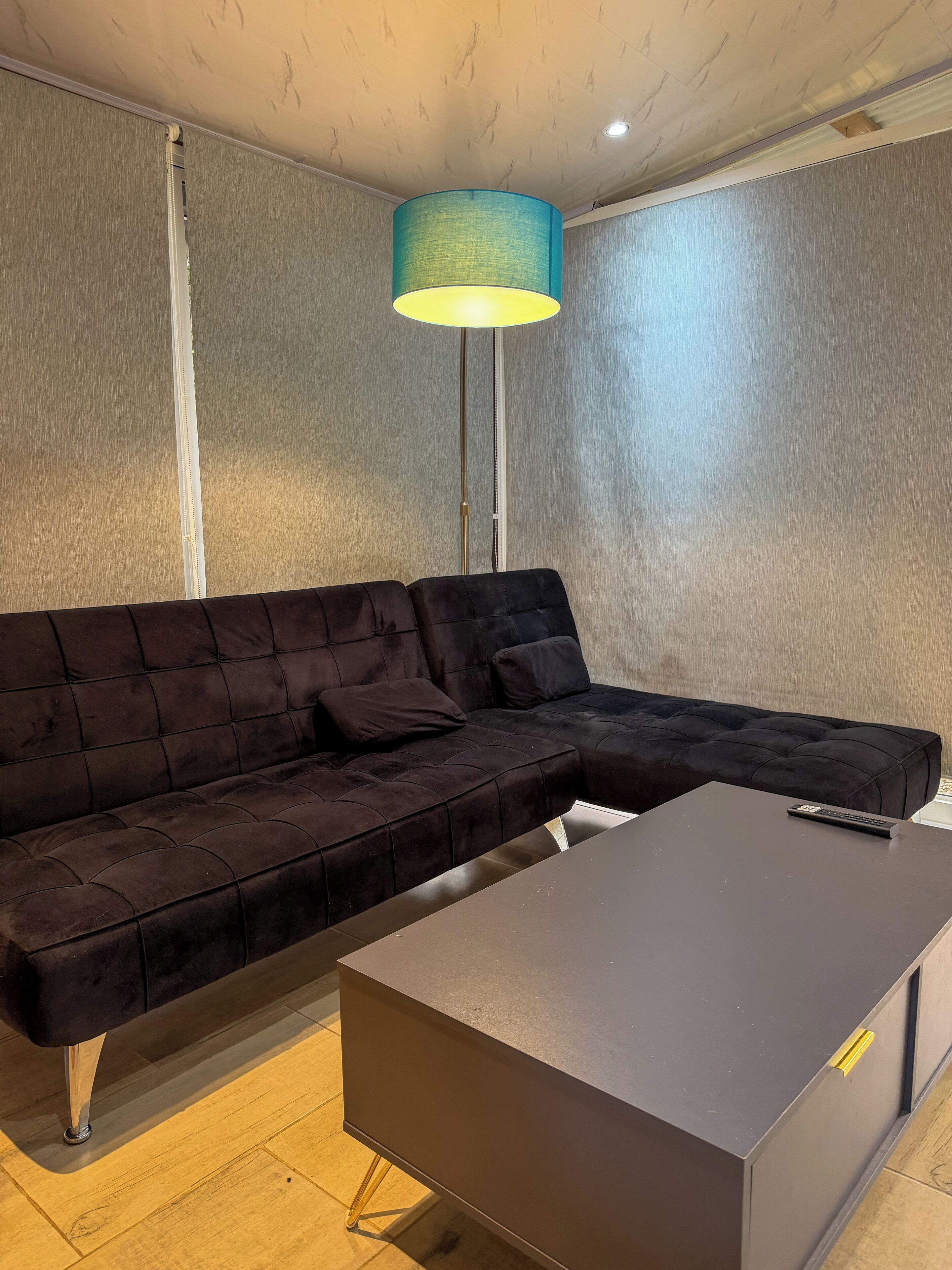 A modern living room with a sectional sofa, a coffee table, and a floor lamp.