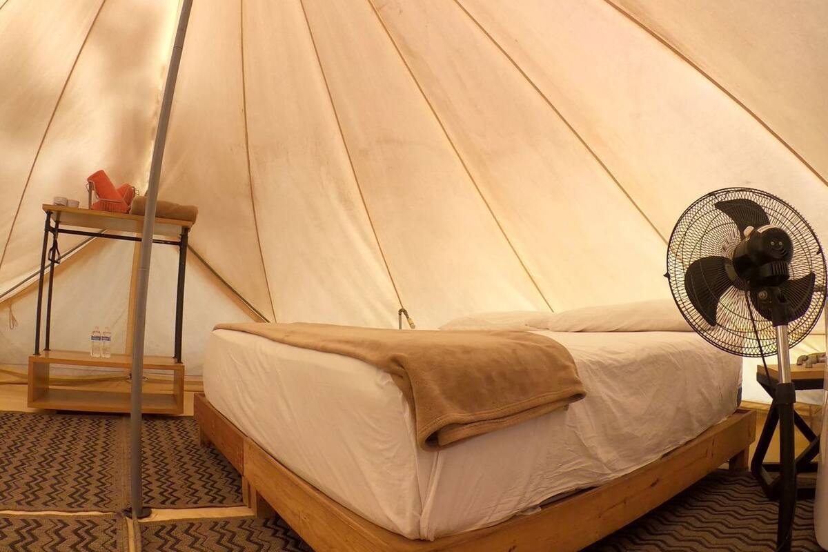 Una carpa con una cama, un ventilador y una mesita con una botella de agua.