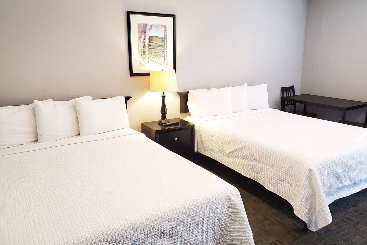 Une chambre d’hôtel avec deux lits, un bureau, une chaise et un tableau encadré au mur.