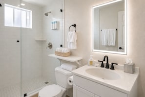A modern bathroom with a glass shower enclosure, a toilet, a sink with a mirror, and a towel rack. - Coronado Inn (Coronado)