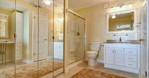 A bathroom with a glass shower enclosure, a toilet, and a vanity with a mirror.