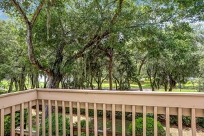 A wooden deck with a view of a park featuring trees with hanging moss.