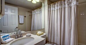 A bathroom with a sink, mirror, and shower curtain.