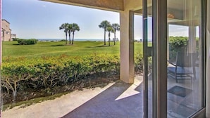 A covered outdoor area with a view of a grassy field and palm trees, leading to a building with a glass door. - 204-sailmaker (Fernandina Beach)