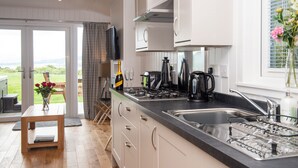 Une cuisine moderne dotée d’un grand îlot central, d’appareils électroménagers en acier inoxydable et offrant une vue sur l’extérieur.