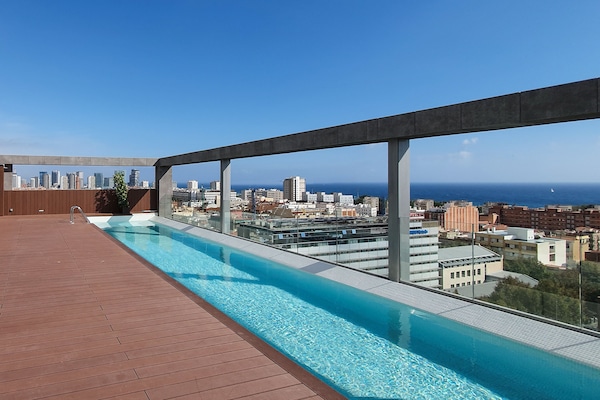Seasonal outdoor pool, pool loungers