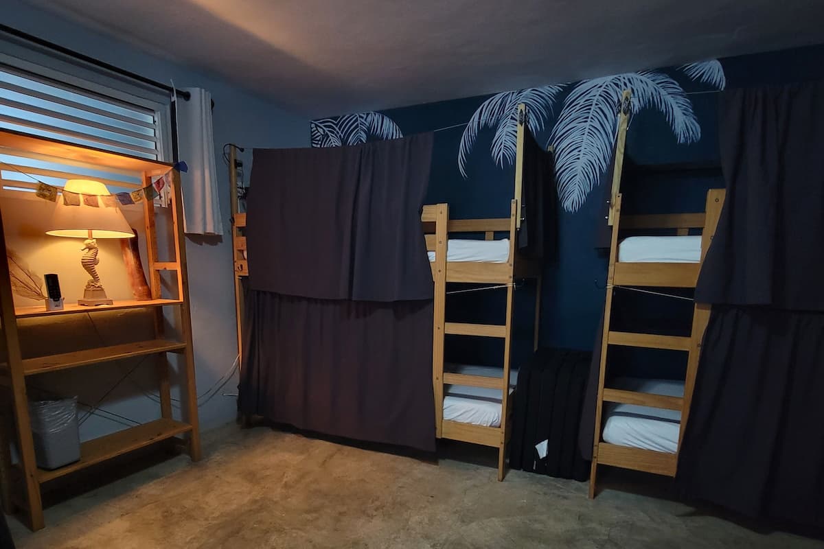 Una habitación con literas, un escritorio con lámpara y una ventana con persianas.