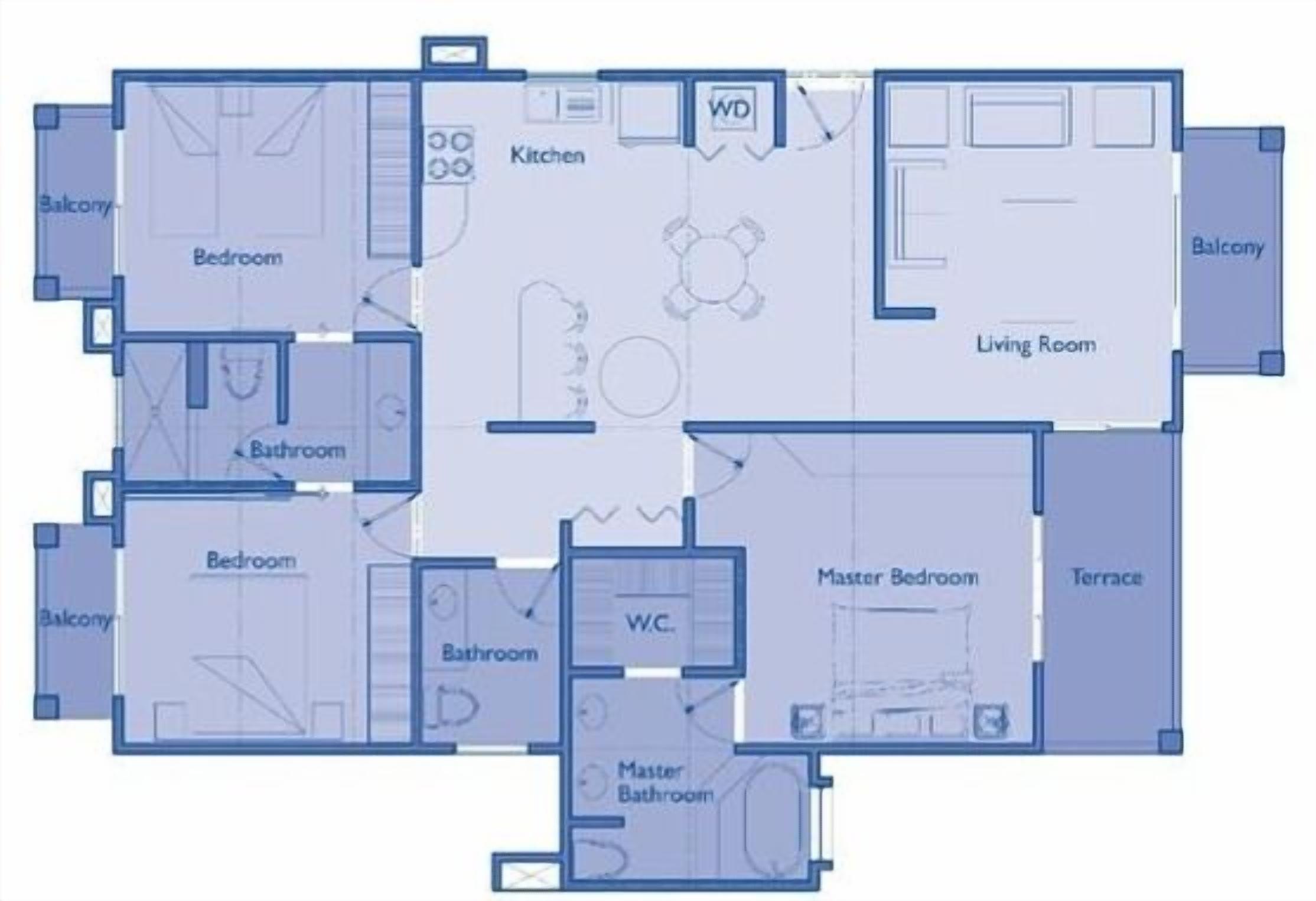 Plano de planta que muestra una cocina, dos dormitorios, un dormitorio principal, un baño principal, un aseo, un balcón, una terraza y un salón.