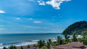 Ein Strand mit blauem Himmel, Palmen und Blick aufs Meer.