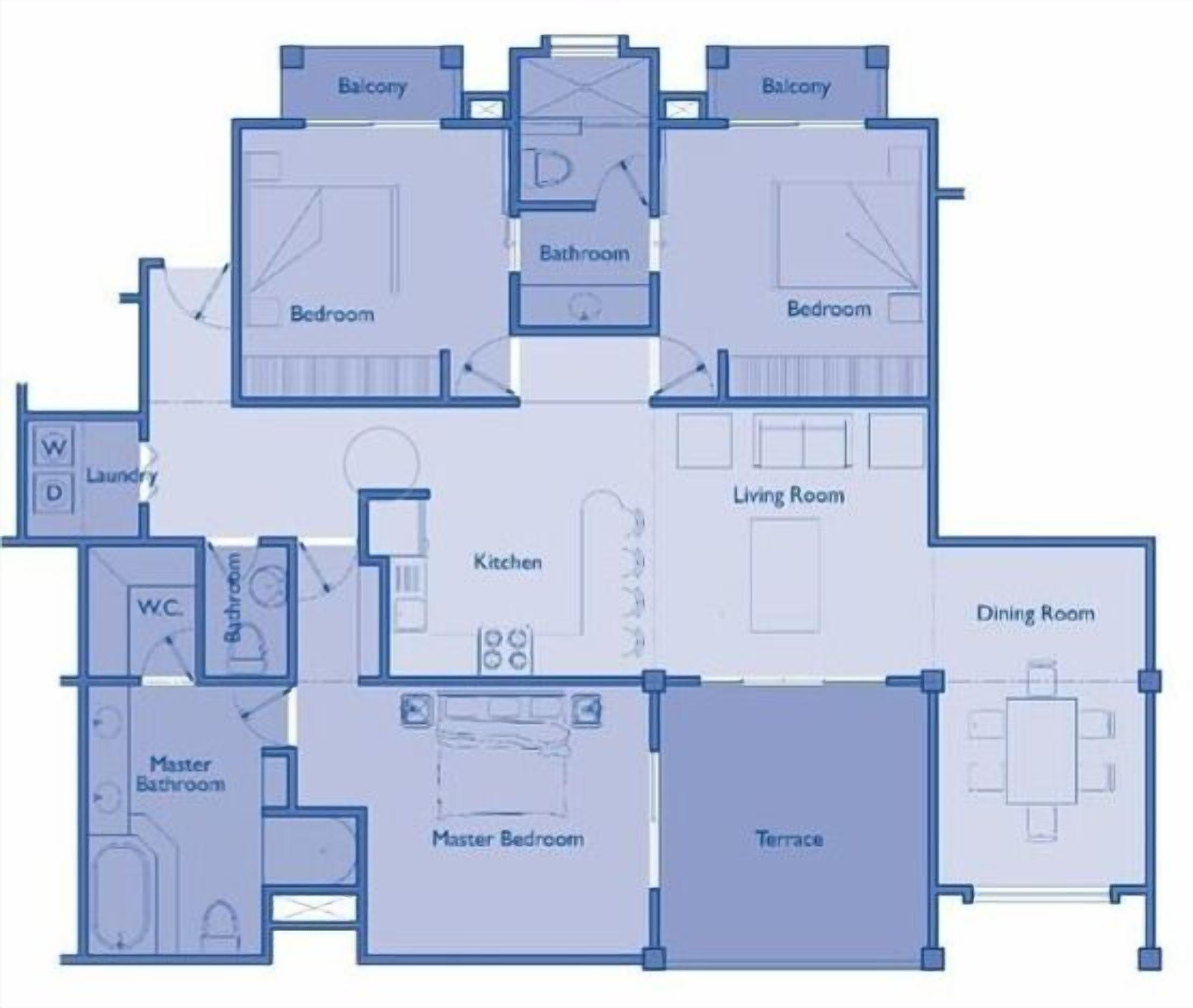 Un plan d’étage comprenant une chambre principale, deux chambres, un salon, une cuisine, une salle de bain principale, un balcon, une terrasse et une salle à manger.