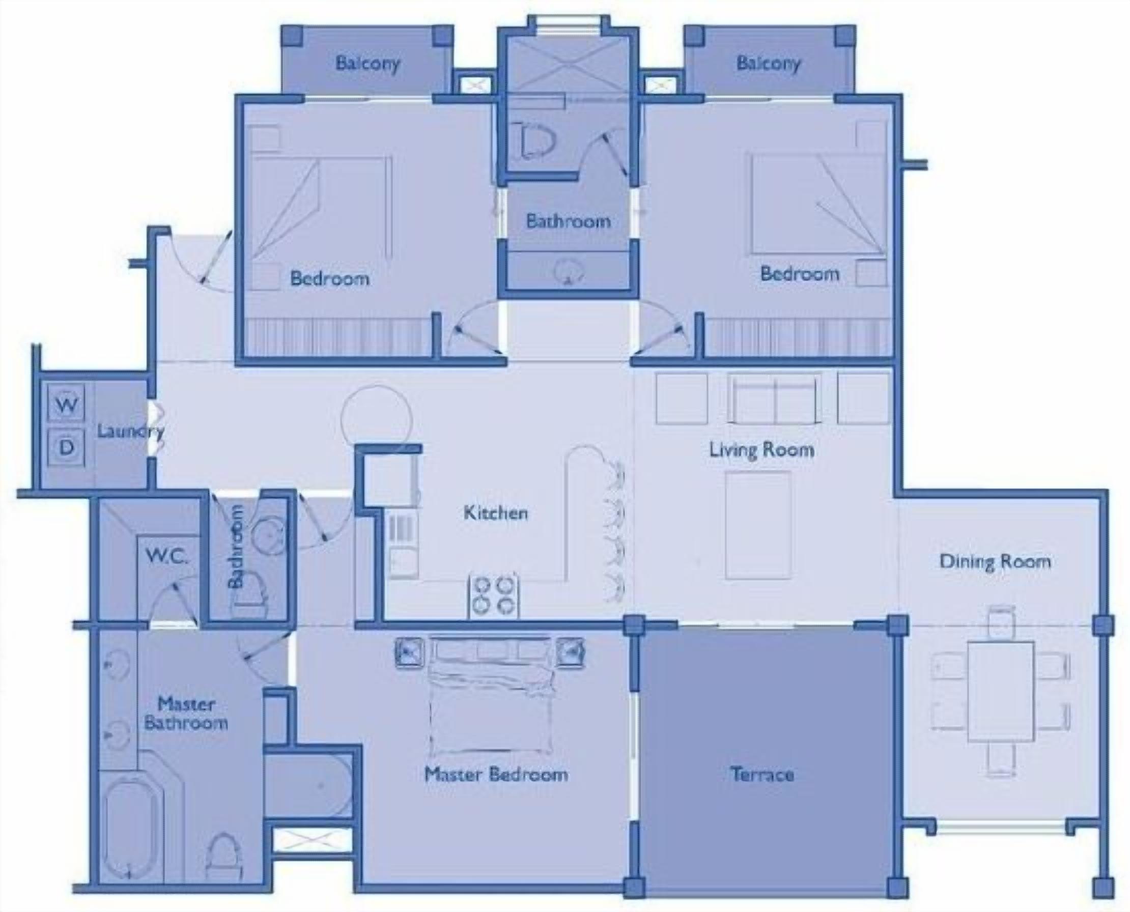 Planta baixa mostrando um quarto principal, dois quartos, sala de estar, sala de jantar, cozinha, banheiro principal, um banheiro, lavanderia e duas varandas.
