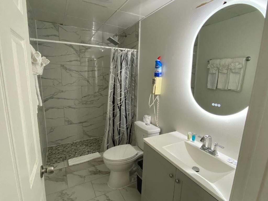 A bathroom with a shower, toilet, sink, and a mirror.