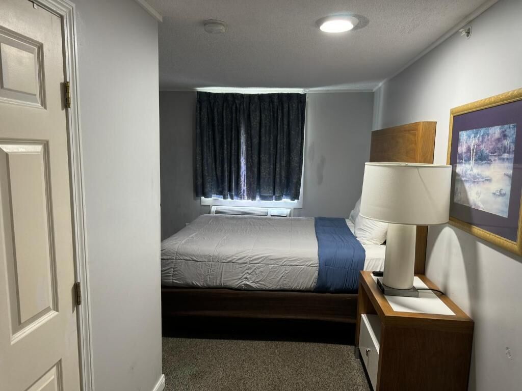 Un dormitorio con cama, mesita de noche con lámpara, ventana con cortinas y un cuadro en la pared.