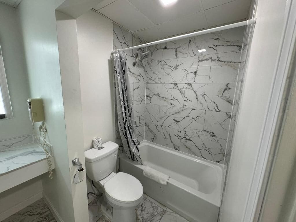 A bathroom with a toilet, bathtub, and shower curtain.