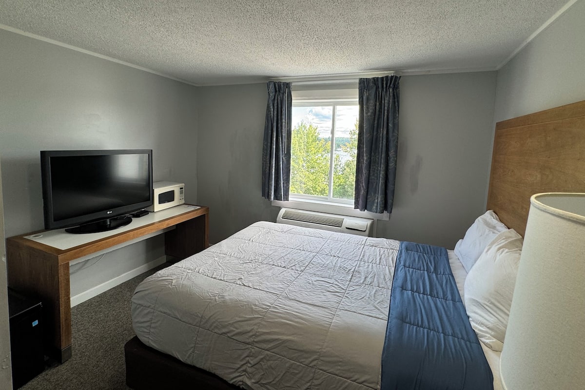 A hotel room with a bed, a TV, a small table, a window with curtains, and a view of greenery outside.