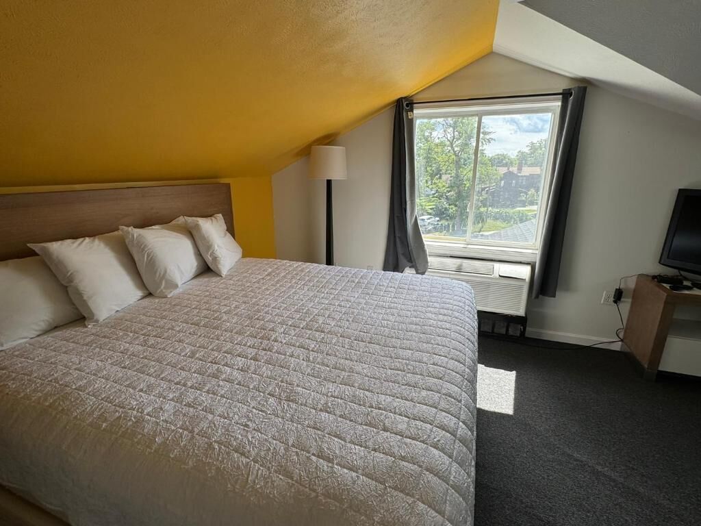Une chambre d’hôtel avec un grand lit, un bureau, une télévision et une fenêtre avec des rideaux.