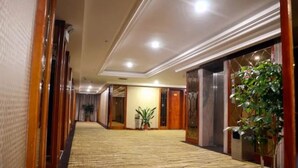 A hotel corridor with a patterned carpet, wooden doors, and a potted plant. - Yongzhou Binhu Hotel (Yongzhou)