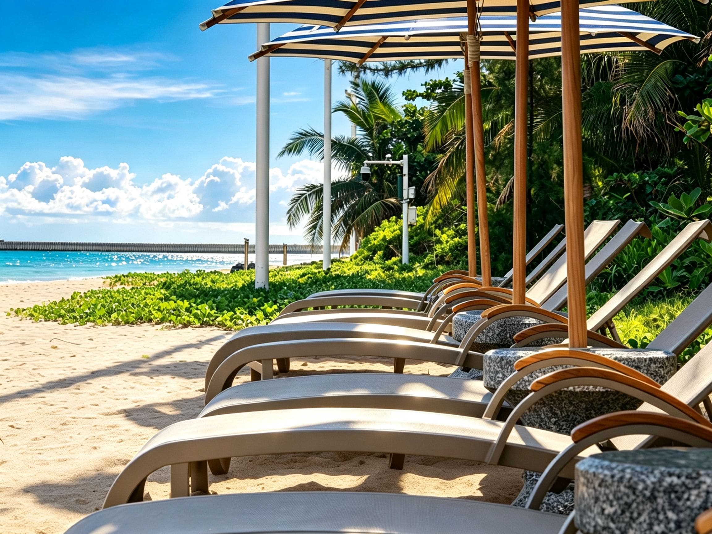 Un espace de détente aménagé sur la plage, avec des chaises longues et un parasol à rayures.