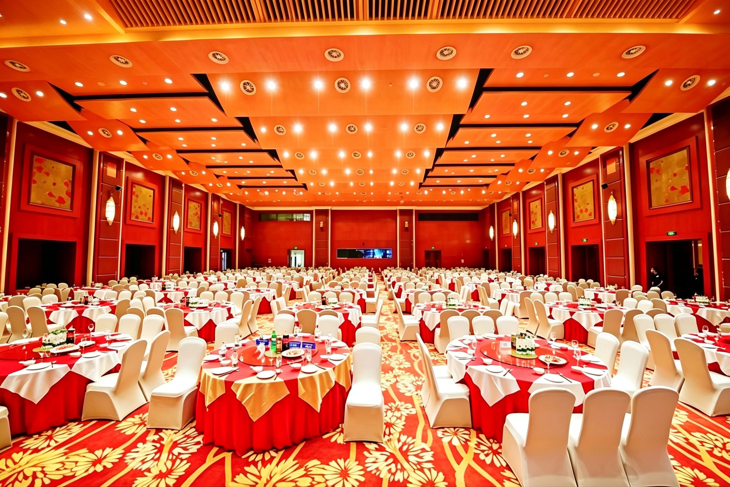 A large banquet hall with rows of round tables, white chairs, and red tablecloths.