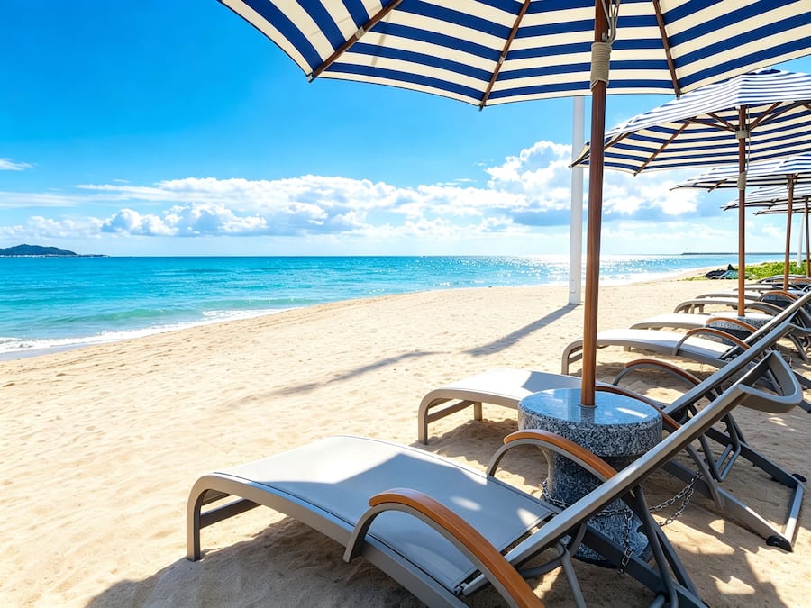 A beach with lounge chairs and umbrellas, a clear sky, and a calm sea.