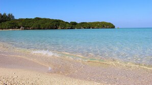 Uma praia com águas turquesa cristalinas, uma faixa de areia e uma ilha arborizada ao fundo.