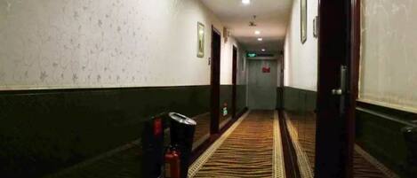 A hallway with patterned wallpaper, a patterned carpet, and doors leading to rooms.