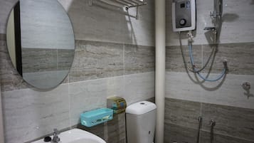 Shower, rainfall showerhead, hair dryer, slippers