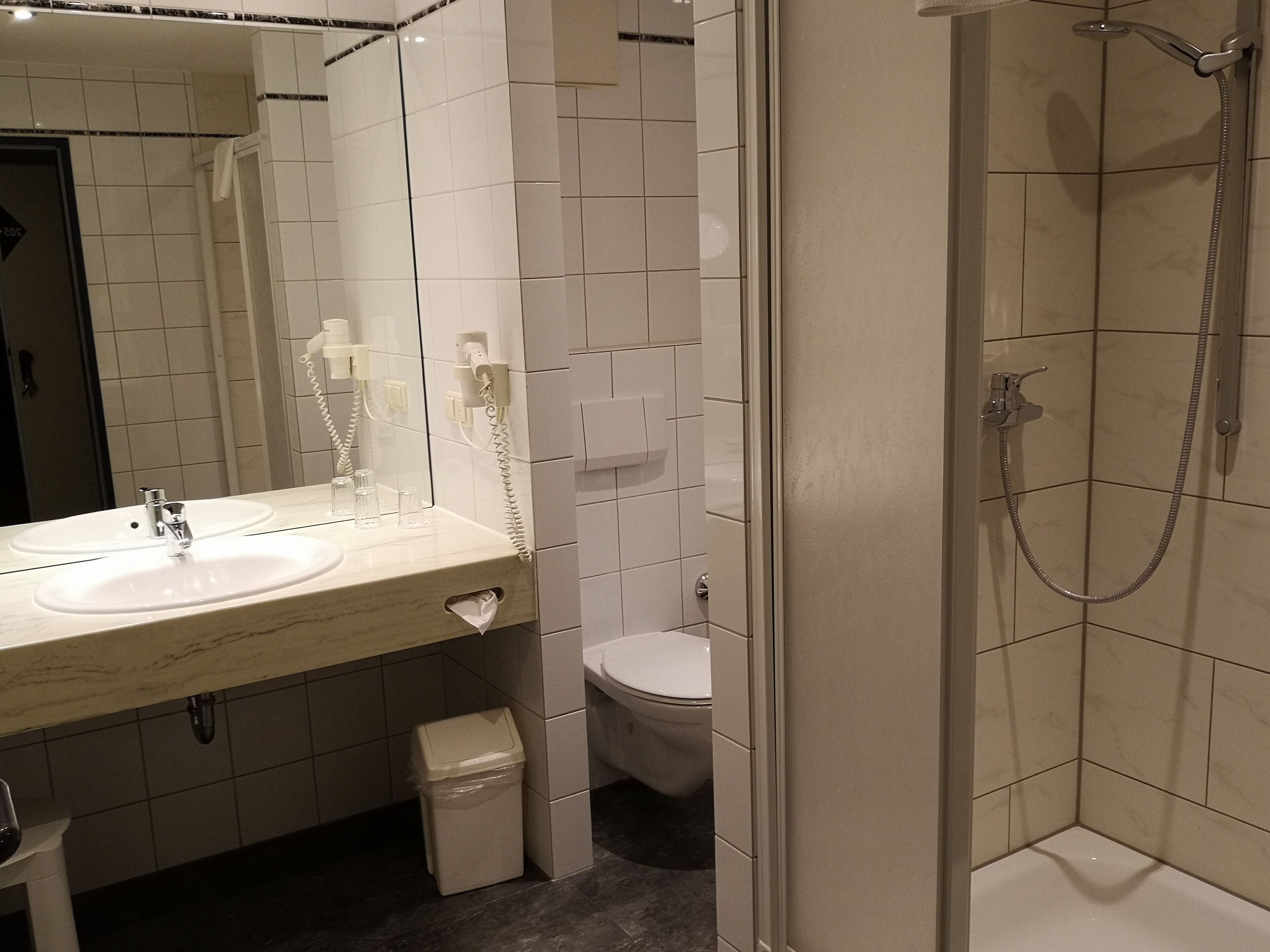 A bathroom with a sink, mirror, toilet, and shower.