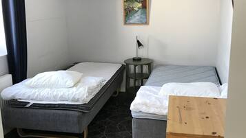 Een kleine, compacte kamer met twee eenpersoonsbedden, een tafeltje en een schilderij aan de muur.