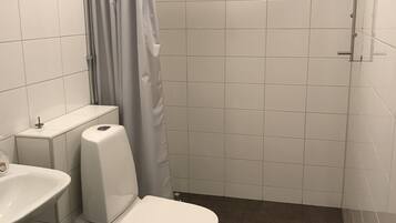 A bathroom with a toilet, sink, and shower.