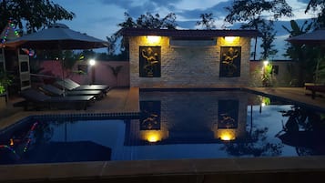 Outdoor pool, pool umbrellas, pool loungers