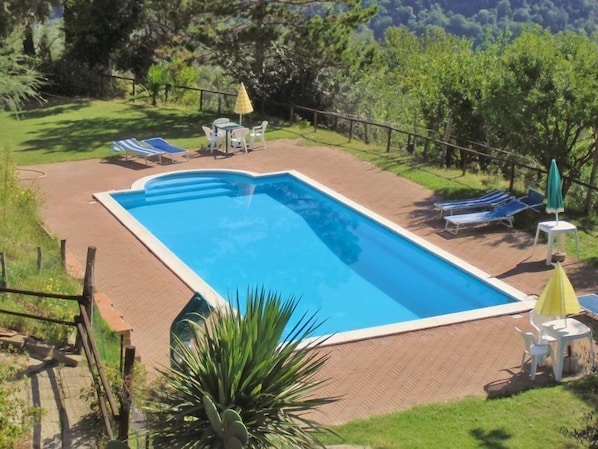 Seasonal outdoor pool, open 8:00 AM to 8:00 PM, pool loungers