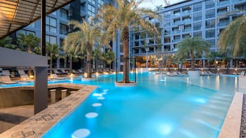 3 outdoor pools, open 7:00 AM to 10:00 PM, free cabanas, pool umbrellas