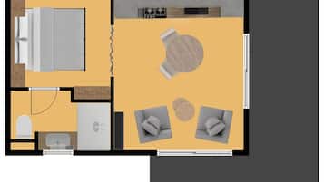 A hotel room layout with a bed, a desk, a sofa, and a small table.
