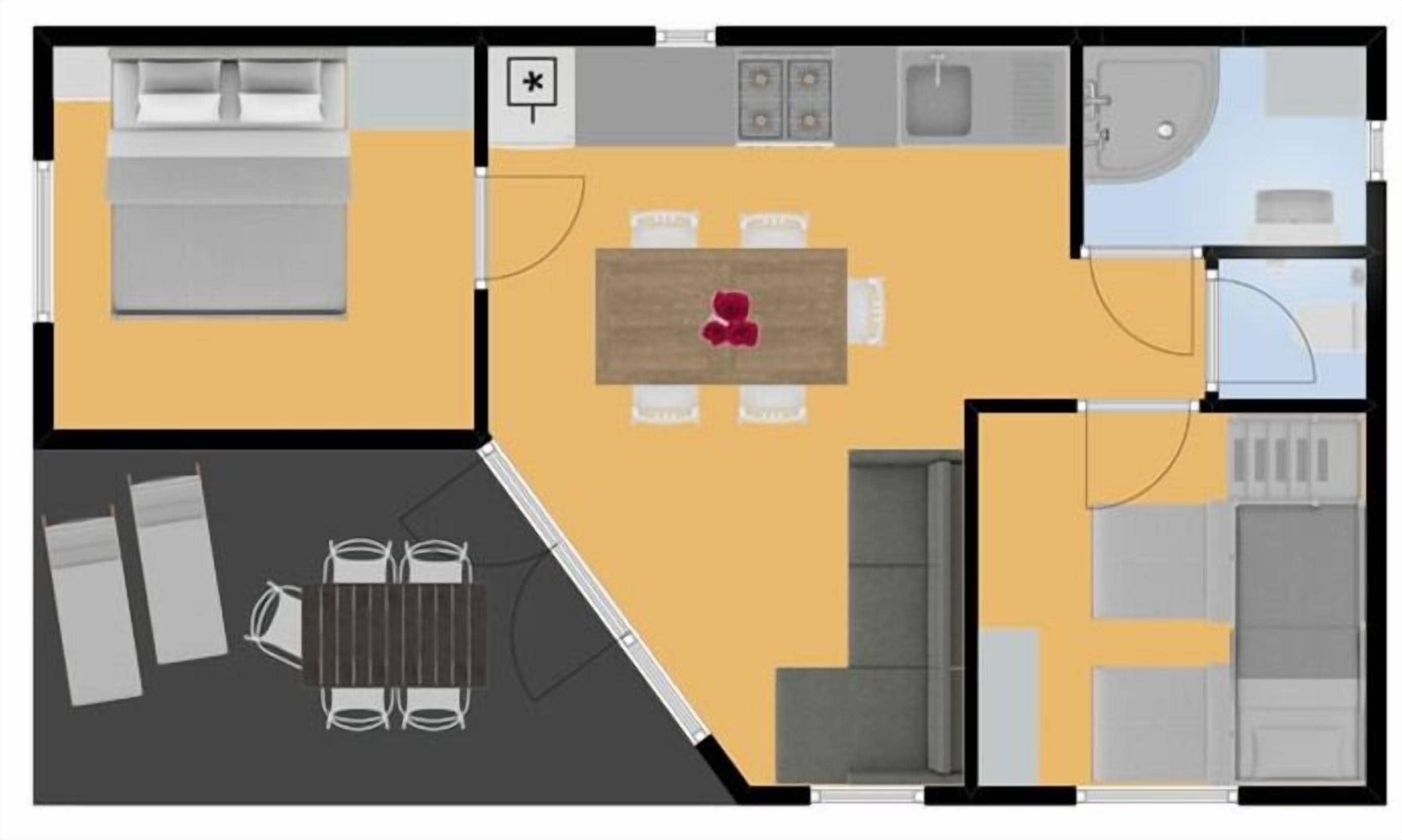 Un plan d’étage d’une chambre d’hôtel comprenant un lit, un bureau, une chaise, une table et une salle de bain.