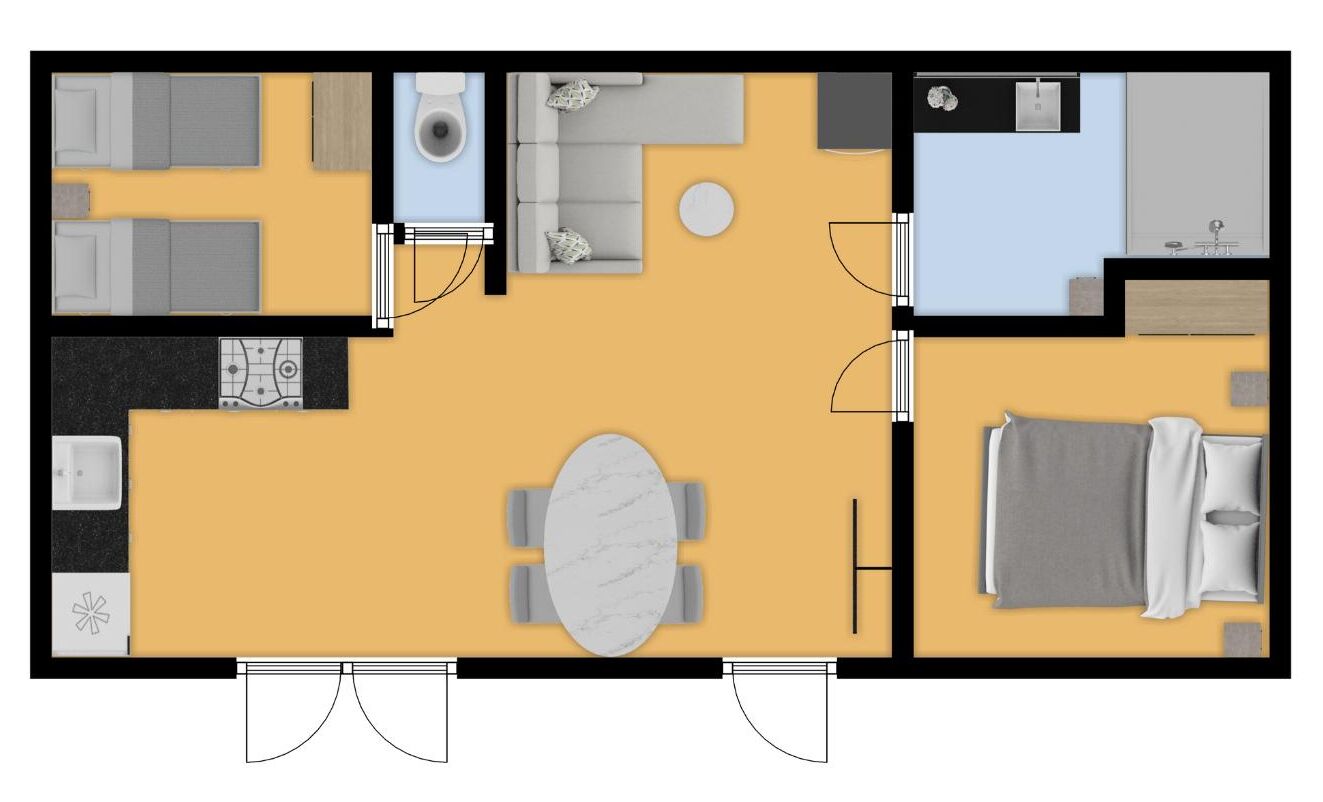 Distribució d'una habitació d'hotel amb llit, zona d'estar i petita cuina.
