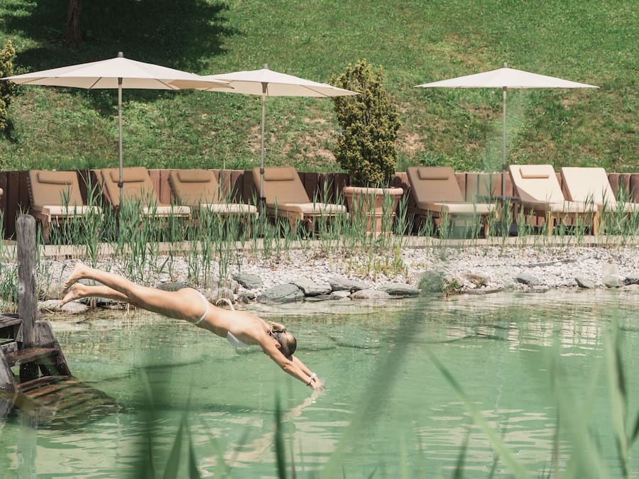 Seasonal outdoor pool, a natural pool, pool loungers