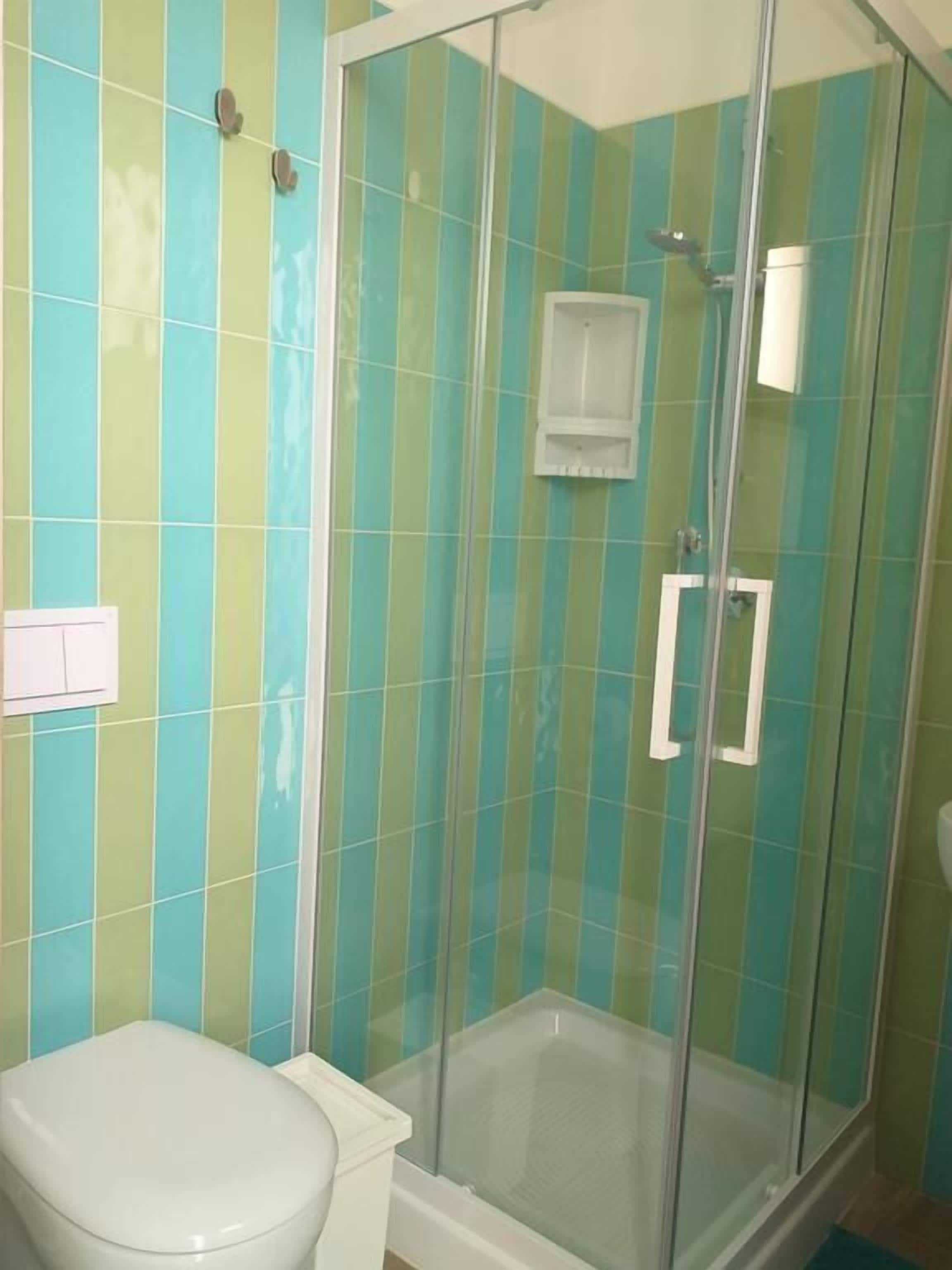 A bathroom with a glass-enclosed shower, a white toilet, and a tiled wall with a striped pattern.