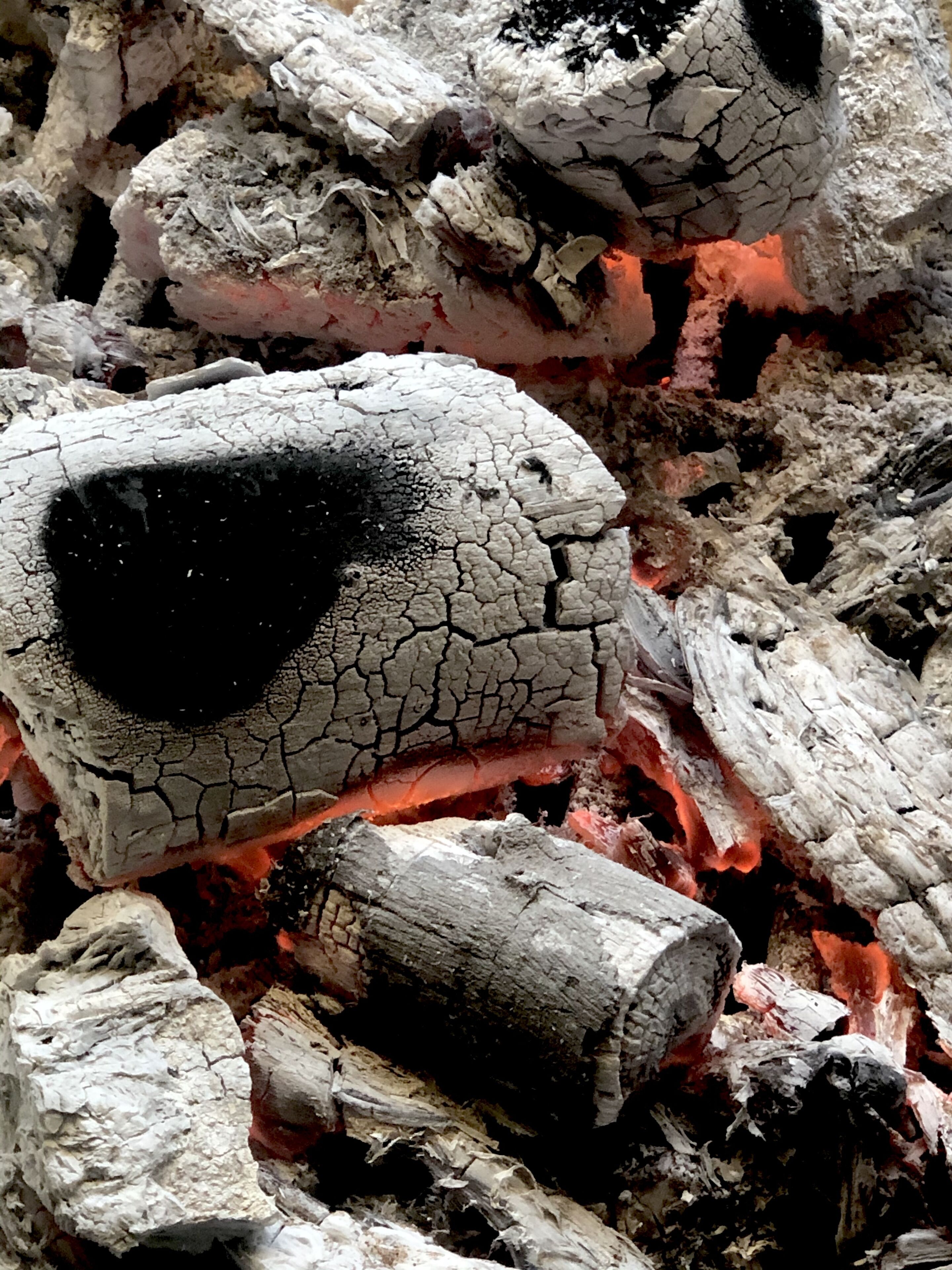 A close-up of charred wood with blackened areas and glowing embers.