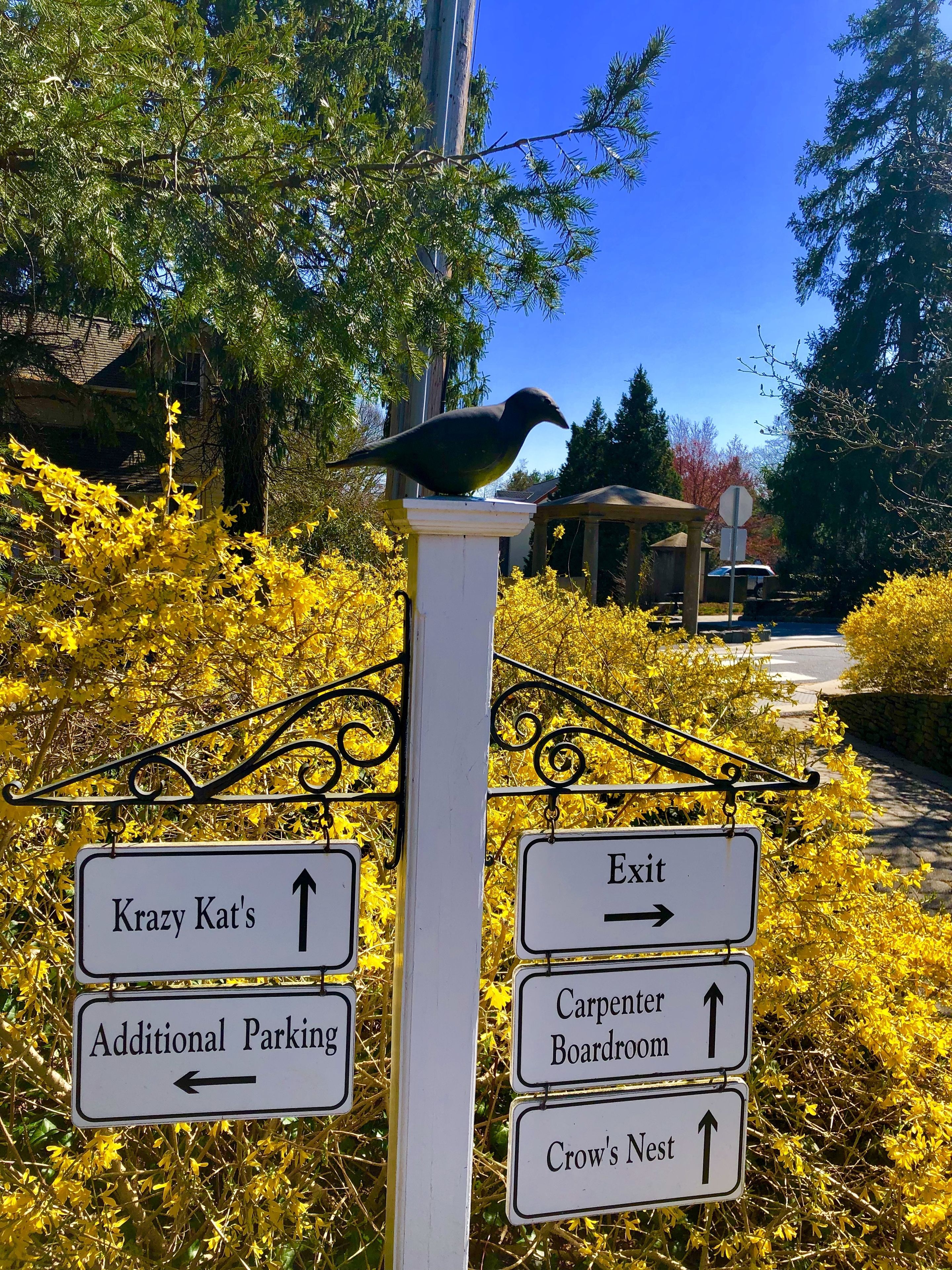 Directional signs for 'Krazy Kat's', 'Additional Parking', 'Exit', 'Carpenter Boardroom', and 'Crow's Nest'.