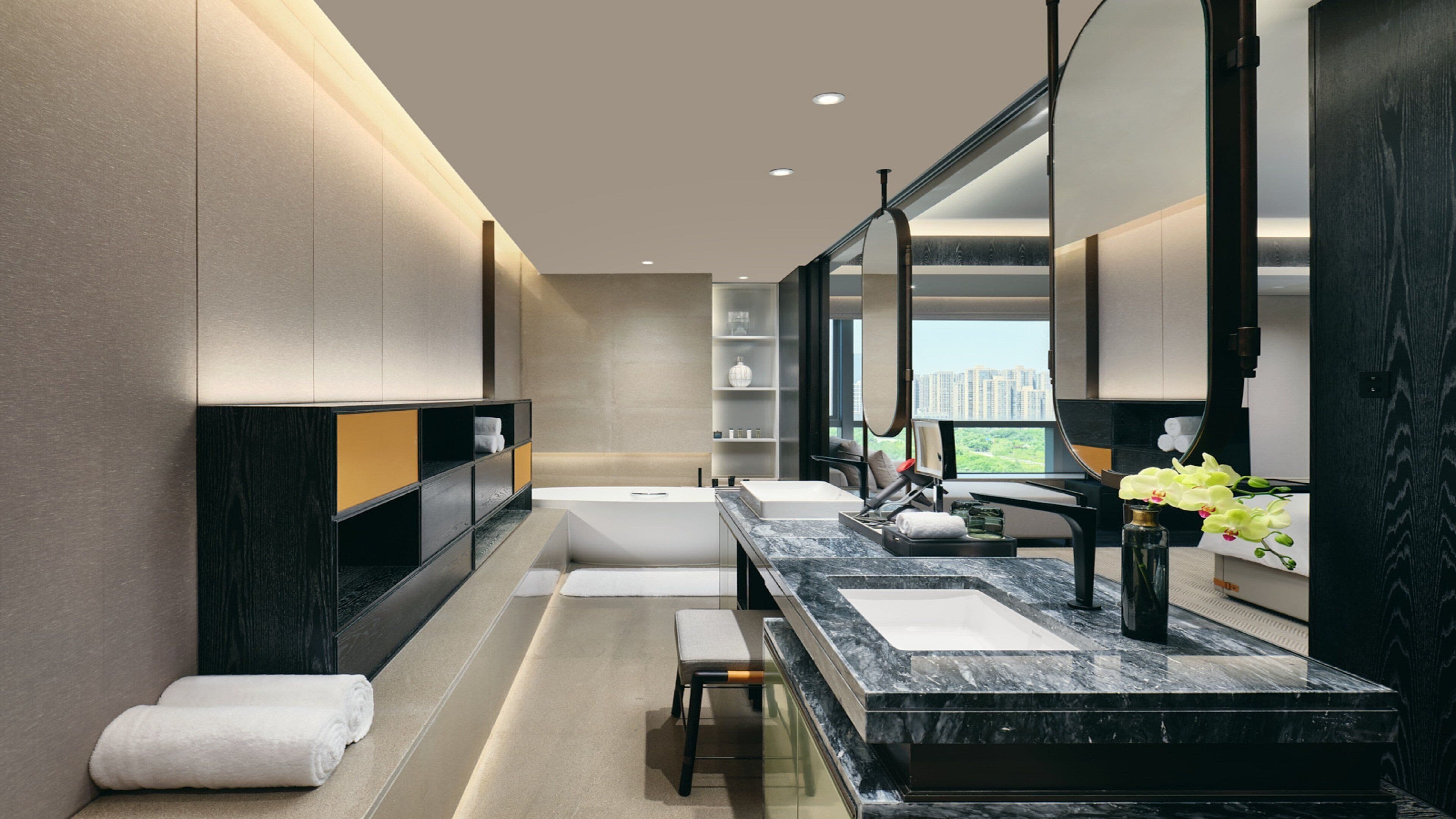 Junior Suite, 1 King Bed, Garden View | Bathroom | Rainfall showerhead, designer toiletries, hair dryer, bathrobes