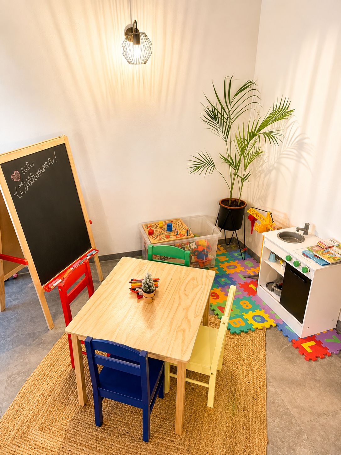 Un cuarto de juegos infantil con una mesa de madera, sillas, una pizarra, un juego de cocina para niños y una planta en maceta.