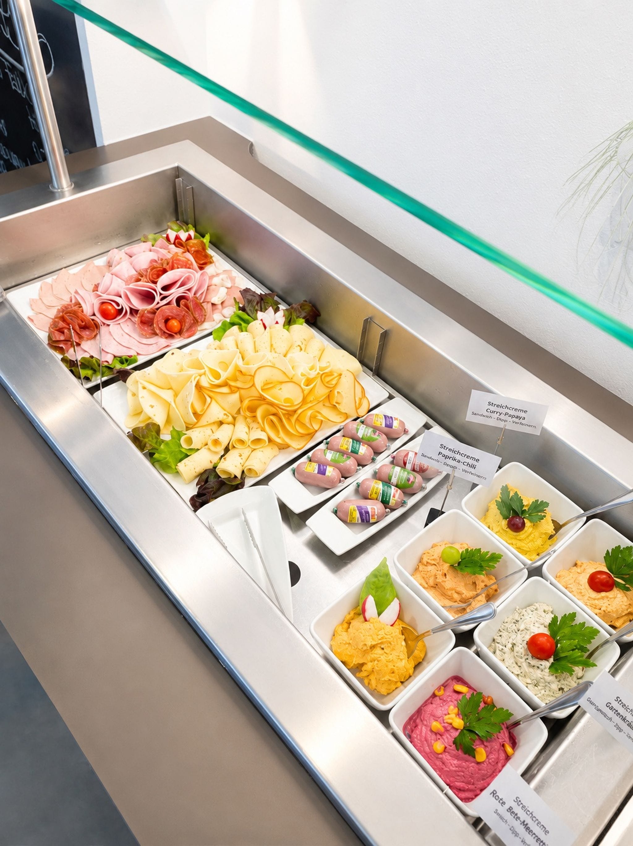 A buffet with various food options including meats, pasta, and dips.
