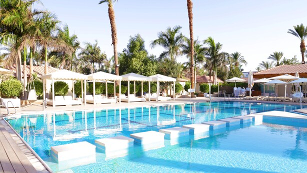 Una piscina con lettini e ombrelloni, circondata da palme.