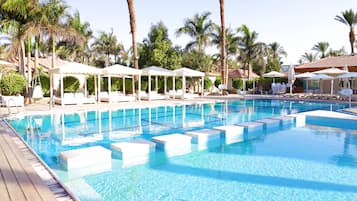 Outdoor pool, pool umbrellas, pool loungers