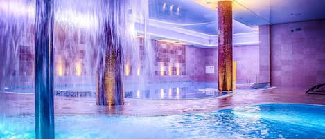 Indoor pool, open 4:00 PM to 9:00 PM, sun loungers