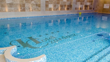 Indoor pool, open 4:00 PM to 9:00 PM, sun loungers