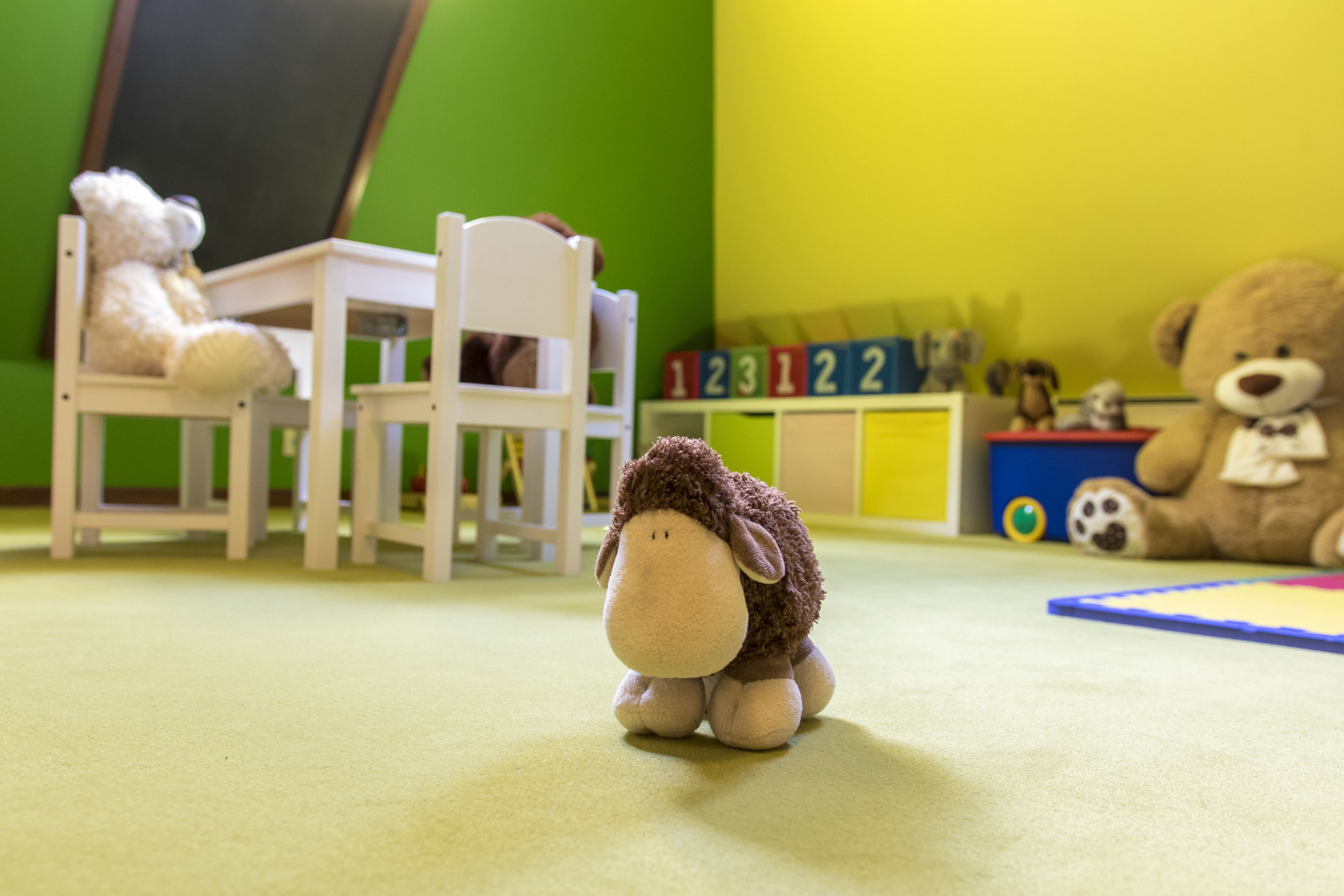A small room with a green wall, a white chair, a small table, and a teddy bear.
