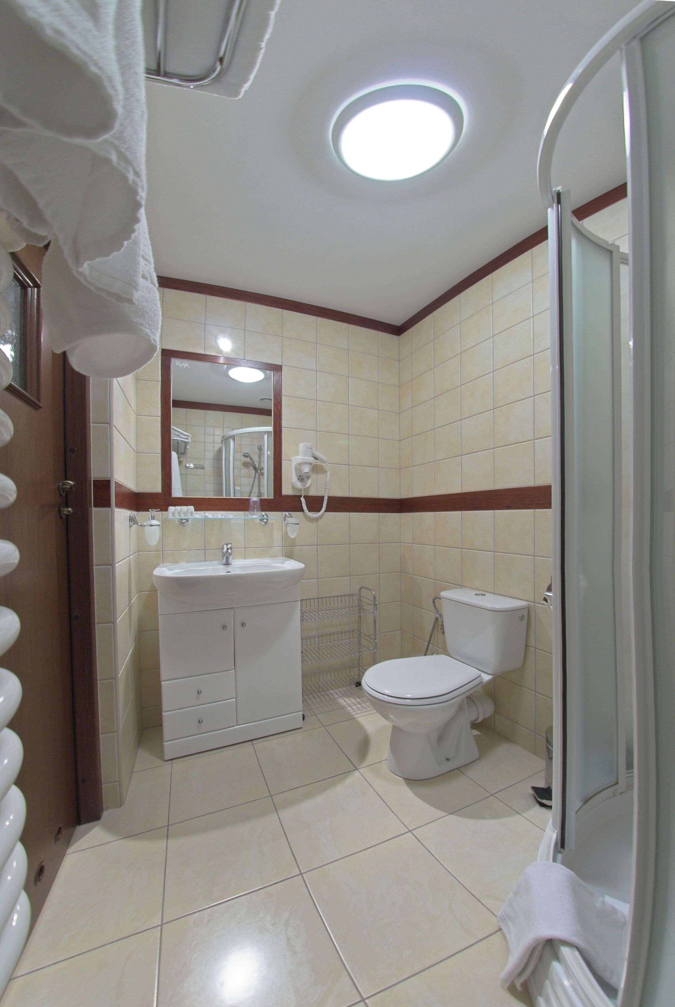 A bathroom with a sink, toilet, and shower area.